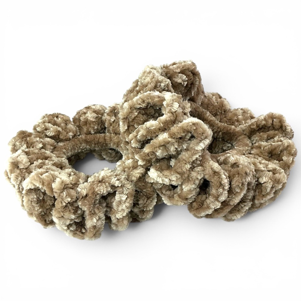 Handmade Mushroom Tan Velvet Crochet Scrunchies Women OS Set of 2 Ruffled